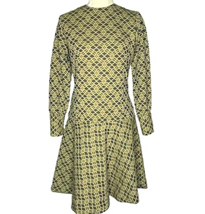 Vintage 60s Mod Dropped Waist A Line Dress Womens S Yellow Blue Diamond Poly - Picture 1 of 7