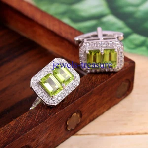 Natural Peridot & CZ Gemstones with 925 Sterling silver Cufflinks for Men's #J48 - Picture 1 of 4