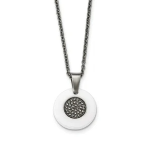 Stainless Steel Polished Circle White Ceramic CZ Necklace - Picture 1 of 3
