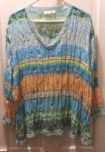 Cato Tunic Top Womans Plus Size 18-20 Blue Green Yellow 3/4 Sleeve Lace Trim - Picture 1 of 12