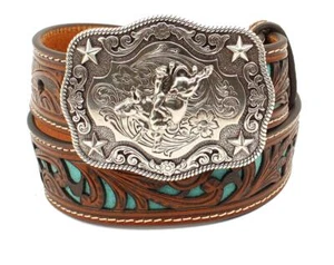 Nocona Western Boys Belt Youth Scrolled Piercing Blue Glitter Tan Turq N4439033 - Picture 1 of 1