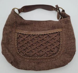 Cole Haan Brown Linen Canvas Hobo Bag with Leather Trim & Macrame Accent S6 - Picture 1 of 13