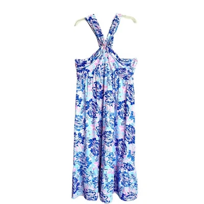 Grace Karin XL Blue Floral Criss Cross Halter Maxi Dress Ruched Pockets Stretch - Image 1 of 4