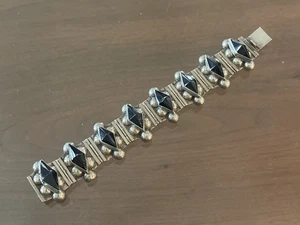 Vintage Mexican Sterling Silver Carved Diamond Shaped Onyx Wide Bracelet 7.25” - Picture 1 of 11