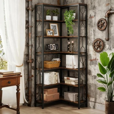 78.7" Tall 7-Tier Industrial Corner Bookshelf with Metal Frame, Brown - Image 1 of 4