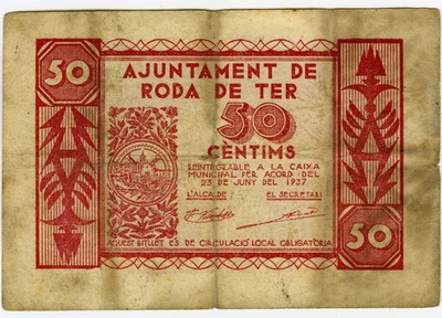 ☆ SPAIN CIVIL WAR 1937 • RODA TER 50c. MUNICIPAL ☆ GUERRA CIVIL ESPAÑOLA  ☆D1662 - Image 1 of 2