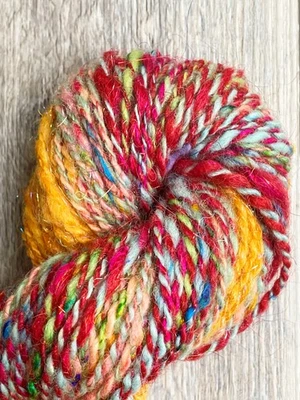 handspun art yarn rainbow sparkle thick & thin Saori weaving knit crochet felt - Image 1 of 4