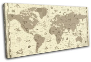 Welt Retro braune Landkarten Flaggen EINZELNE LEINWAND WANDBILD Bild Druck - Bild 1 von 1