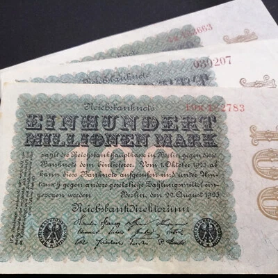 GERMANY LOT 3 x 100 MILLIONEN MARK 1923 P-107  VF/XF - Image 1 of 4