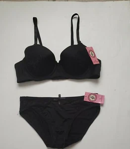 NUEVO Paris Rosa TALLA 34B Negro Satén y Encaje Acolchado Sujetador y Bragas Set - Imagen 1 de 6