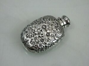 STUNNING ANTIQUE GORHAM STERLING SILVER ALCOHOL FLASK REPOUSSE HAND CHASED 1897