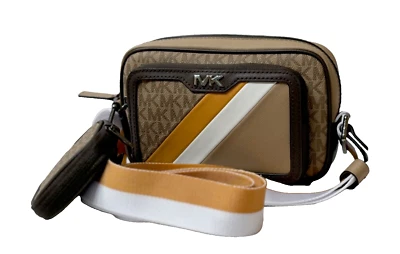 MICHAEL KORS RIVINGTON STRIPED CROSSBODY CAMERA BAG WITH POUCH MK BROWN MULTI - Image 1 of 4