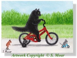 Black Cat Mouse Hamster Bikes Racing ACEO Limited Edition Art Print Miniature - Picture 1 of 1