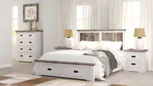 JAXON SOLID ACACIA 4 PIECE BEDROOM SUITE QUEEN BED TALLBOY 2 BEDSIDES WHITE - Picture 1 of 7