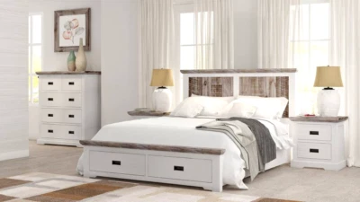 JAXON  SOLID ACACIA 4 PIECE BEDROOM SUITE KING BED TALLBOY 2 BEDSIDES WHITE - image 1 of 4