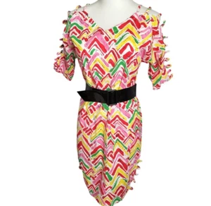 Vintage Deadstock 80s Pink Graphic Short Cut Out Sleeve Dress Size S 14 Ken Done - Picture 1 of 7