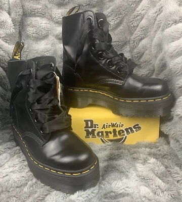 WMN’S 8 Dr Martens Molly Ribbon-Laced Black Smooth Leather Combat/Platform Boots - Image 1 of 4