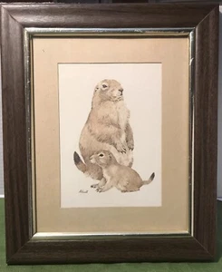 Art Print Signed Linda K Powell Prairie Dogs Ground Hogs 12”x 10” Wood Frame - Picture 1 of 11