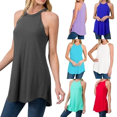 Mujer Largo Halter Camiseta sin Mangas Informal Moda Básica Túnica Blusa Camisa Foto 1 de 4