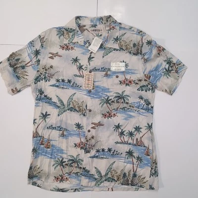 Campia Moda Hawaiian Shirt Easy Care Mens L Guitar Floral Island Plane Rayon NWT - Image 1 of 4