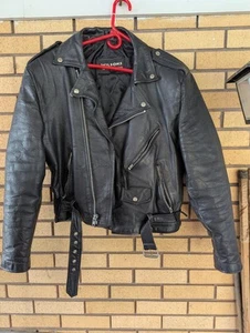 Vintage Wilsons Black Leather Motorcycle Jacket Belted Size Medium Heavy Punk - Picture 1 of 17