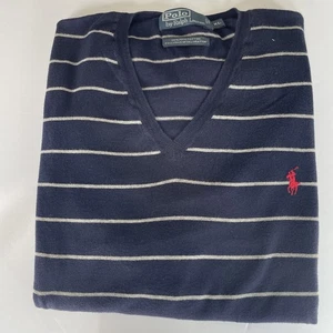Polo Ralph Lauren Herren Pullover Pima Baumwolle Blau Streifen V-Ausschnitt Rot Pony Größe XL - Bild 1 von 10