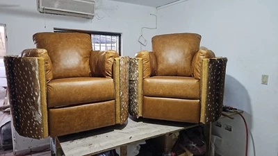 Par de sillas reclinables de cuero de grano superior cómodas giratorias eje ciervo piel Foto 1 de 4