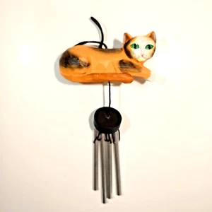 Small 8" Wind Chimes With Carved Wood Orange Cat Suspender Indoor Outdoor New! - Picture 1 of 6