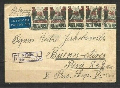 POLAND  Sc C19x5 on REGISTERED COVER  to ARGENTINA  VF - Image 1 of 2