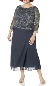 J Kara Women's Petite Long Beaded Dress with Cowl Neck - Grey - 16P - Picture 1 of 5