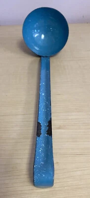 Vintage Ladel Serving Spoon Blue with White Speckles Enamelware 14" - Image 1 of 4