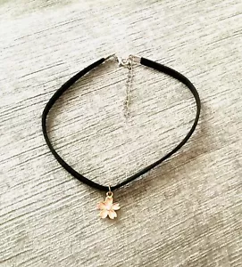 Black Suede Fully Adjustable Pink Enamel Flower Choker Necklace - Picture 1 of 1