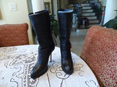 Botas de moto Jimmy Choo negras de cuero de becerro a media pantorrilla talla 39B Foto 1 de 4