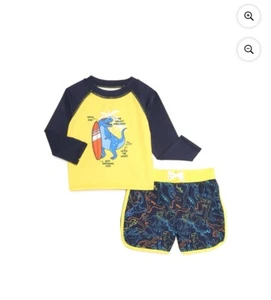 Infant/Toddler Boys Yellow & Navy Dinosaur Rash Guard & Swim Trunks Set 18 Month - Picture 1 of 2