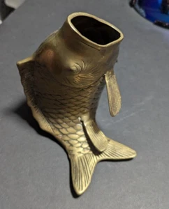 Vintage Mid Century Asian Lucky Koi Carp Fish Vase Sculpture Heavy Brass 10” - Picture 1 of 4