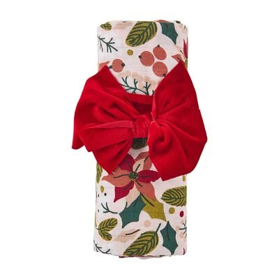 Pink Muslin Swaddle Blanket and Red Velvet Bow Headband Set for Baby Girls - Image 1 of 4