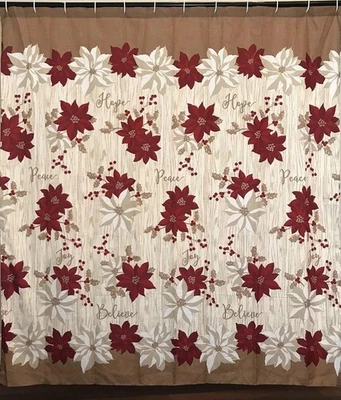 Cortina de Ducha de Navidad Flor de Pascua con Navidad Deseos de Paz Alegría Esperanza Creer Foto 1 de 2