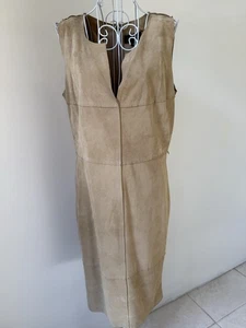 St. John Echt Wildleder Etuikleid M hellbraun Leder Midi Seide gefüttert Luxus OHNE Gürtel - Bild 1 von 10