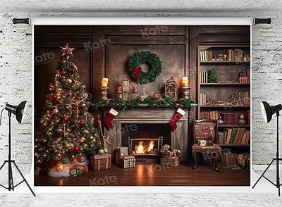  Christmas Fireplace Backdrop for Photography Xmas Trees Retro Bookshelf 10x8ft - Photo 1/4