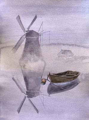 Pintura Original Paisaje Obras de Arte Moderno BARCO NIEBLA MOLINO DE VIENTO Artes Paisaje Marino A4 Foto 1 de 4