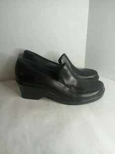 Clarks Roberta Women’s Leather Shoes Black Size 10 Slip-On Chunky Wedge Loafer - Picture 1 of 7