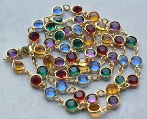 Vtg USA Made Multi Austrian Crystal Gold Bezel Framed Long Chain Necklace 36" - Picture 1 of 18