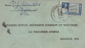 Wisconsin Cover 1949 CHASEBURG to Farmers Mutual Ins Madison *Windstorm Ins.* - Picture 1 of 3