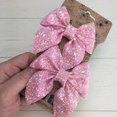 2 AB Pink Chunky Glitter Bow Clips Pinch Bows Girls Hair Accessories Girl Gifts