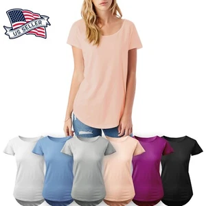Women Basic Longline Tee Solid Top Plain Cotton T-Shirt Stretch Tight Crew Neck - Picture 1 of 34