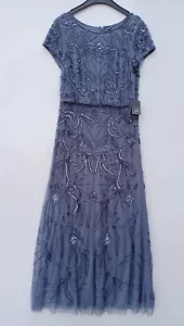 Adrianna Papell Long Beaded Blouson Dress Dusty Blue Size UK 10 Bnwt - Picture 1 of 7