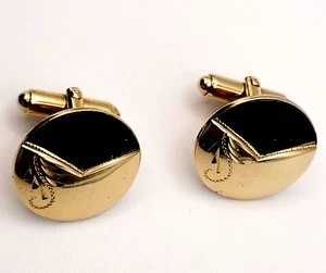 Anson Vintage Hand Classic Style Engraved Etched Cufflinks Gold Tone Black - Picture 1 of 14