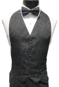 Medium Boys Black Paisley Double Breasted Tuxedo Openback Vest & Tie Wedding - Picture 1 of 1