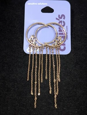 Claires Sensitive  Moon Star Crystal Chain Fringe Long Earrings Celestial - Image 1 of 4