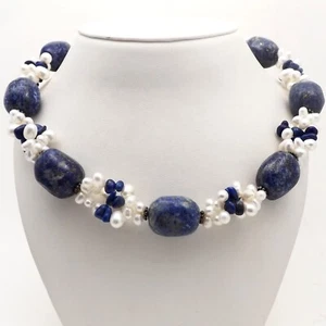 Sterling Silver Blue Lapis Lazuli Large Bead Freshwater Pearl Choker Necklace - Picture 1 of 5